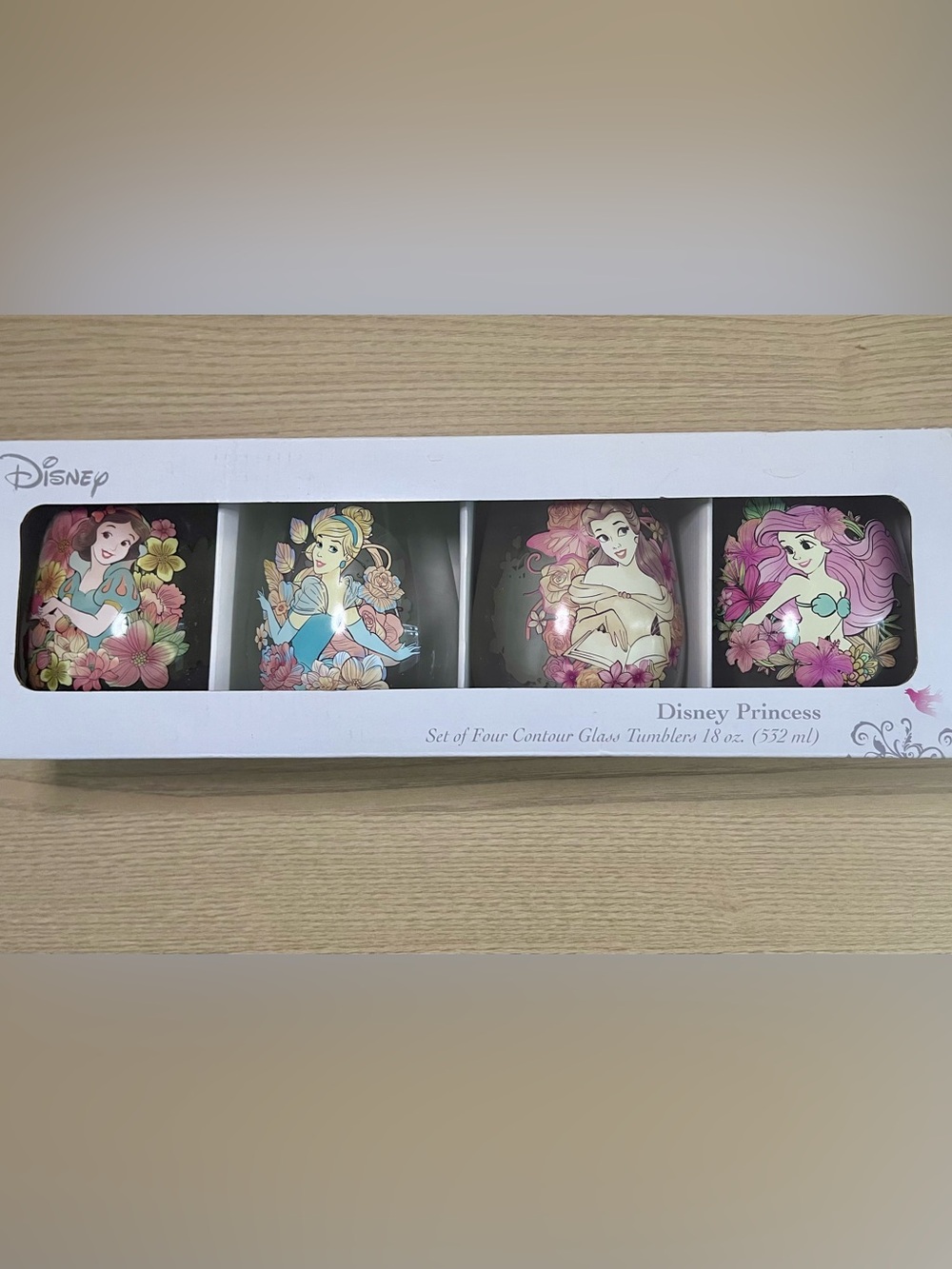 Disney Princess Set 4 Floral Vandor Contour Tumblers - Stemless Wine Glass - NIB